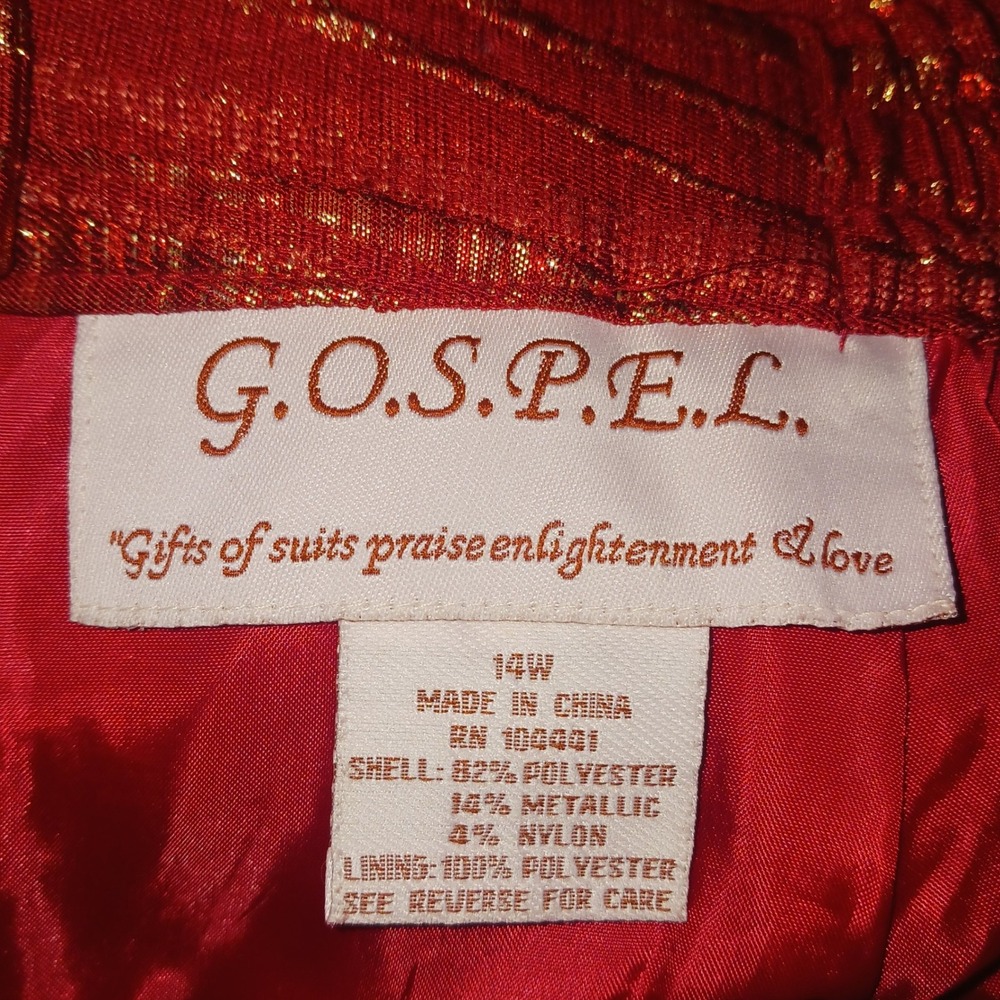 Vintage G.O.S.P.E.L. Michael Jackson Red Gold Metallic Jacquard Skirt Suit  14W - Picture 16 of 16